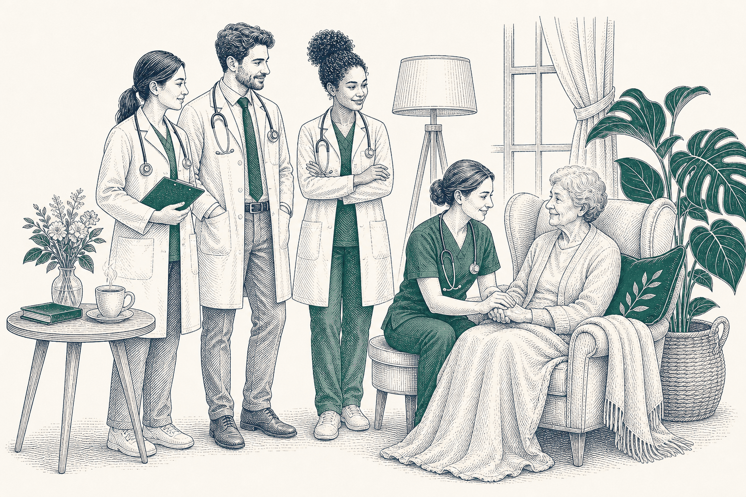 Line illustration of a home-care team standing together, with a nurse sitting beside an elderly woman at home